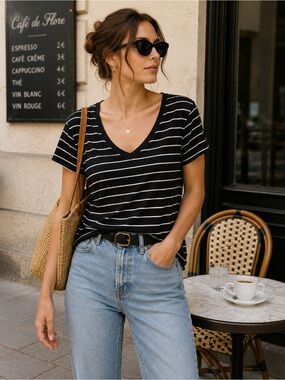 SO Black White Breton‎ Stripe Tee Women’s Large French Girl Nautical Top